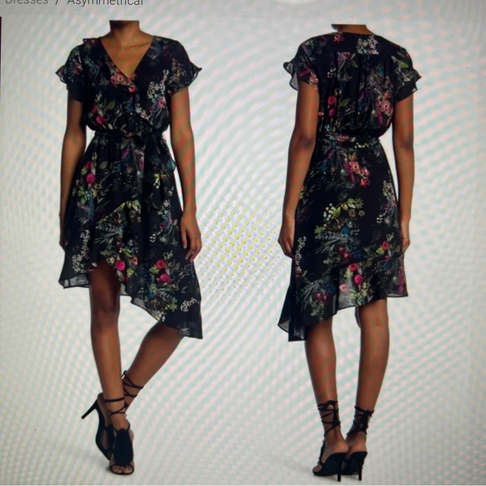 Parker Black Floral Print Asymmetrical Ruffle Dress XS